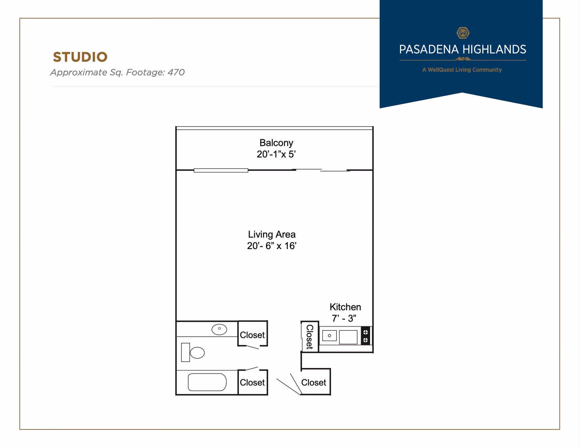 Floor plan of a studio apartment at Pasadena Highlands showing a living area measuring 20 feet 6 inches by 16 feet, a kitchen measuring 7 feet 3 inches, a balcony measuring 20 feet 1 inch by 5 feet, a bathroom with a bathtub and toilet, and three closets.
