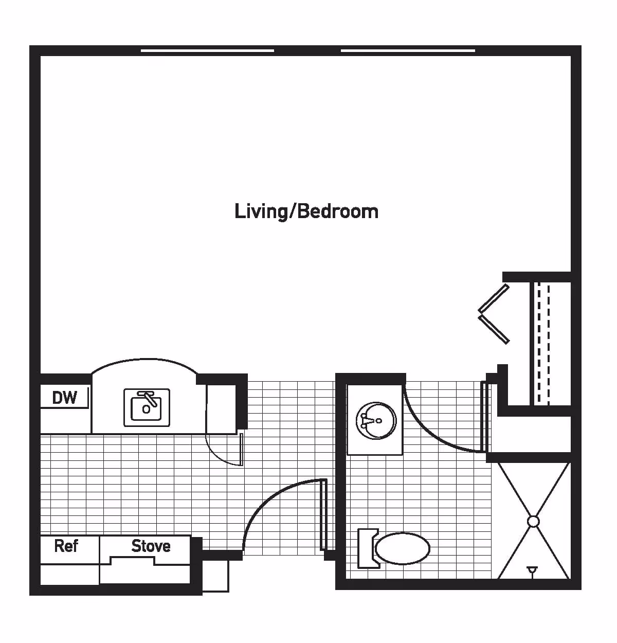 Floor plan layout of a studio apartment with a combined living and bedroom area, a kitchen area with a refrigerator, stove, dishwasher, and sink, and a bathroom with a toilet, sink, and shower.