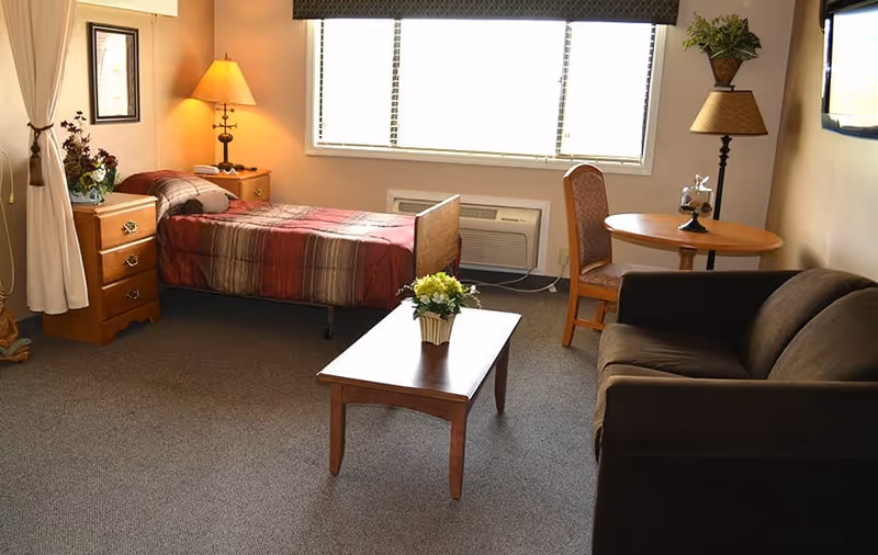 A cozy room with a single bed covered in a striped blanket, a wooden nightstand with a lamp and flowers, a small wooden table with a flower pot, a chair, a dark sofa, and a large window with blinds letting in natural light.