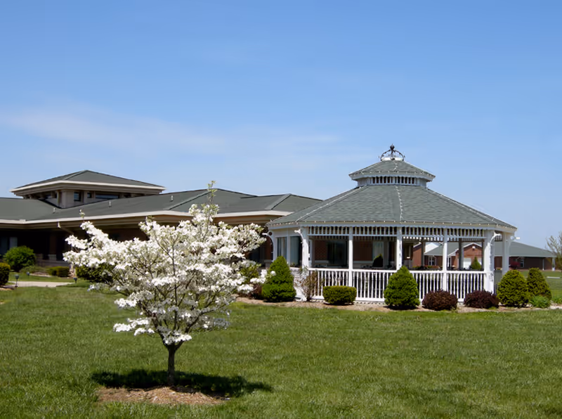 White gazebo on a green lawn with a blooming white tree and a low building in the background under a blue sky.