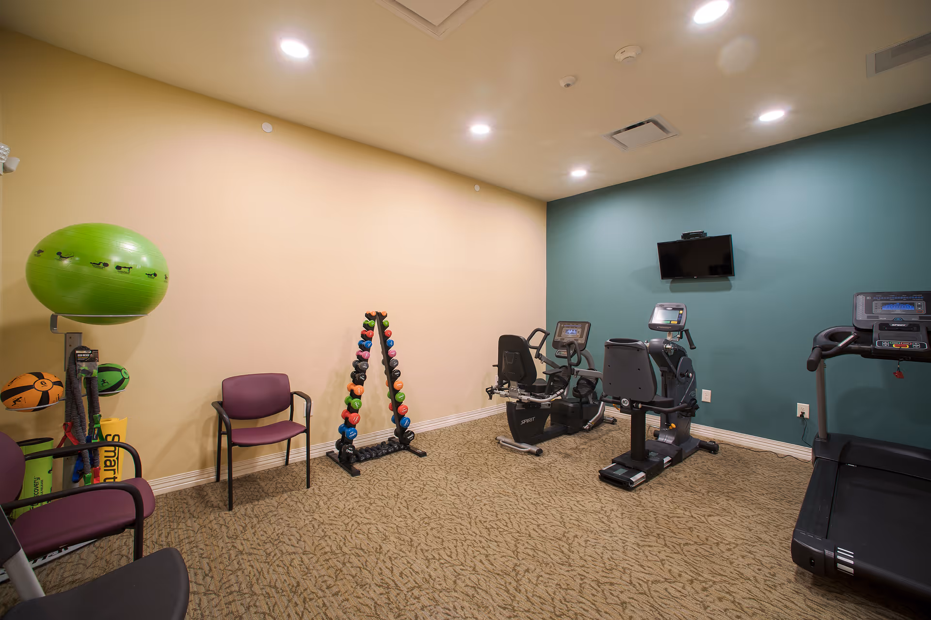 A small fitness room with exercise equipment including a treadmill, two stationary bikes, a rack of colorful dumbbells, a large green exercise ball, and two purple chairs against beige and teal walls with carpeted floor and ceiling lights.