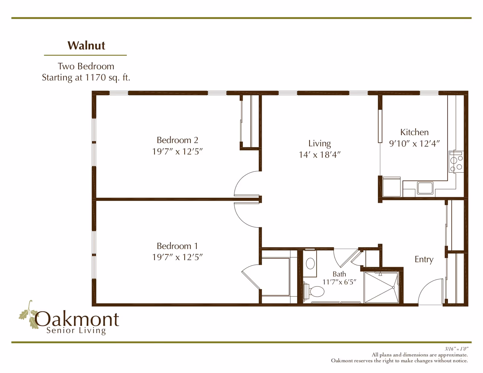 Floor plan of Walnut two-bedroom apartment at Oakmont Senior Living, showing Bedroom 1 and Bedroom 2 each measuring 19'7" x 12'5", a living room measuring 14' x 18'4", a kitchen measuring 9'10" x 12'4", a bathroom measuring 11'7" x 6'5", and an entry area.