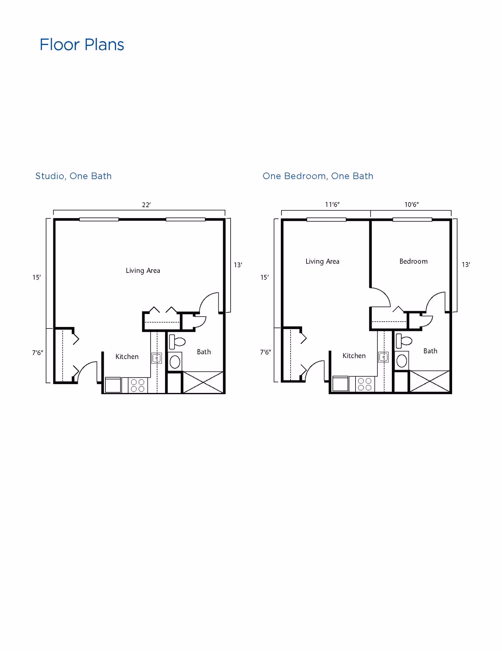 Floor plans for two apartment layouts at Brookdale Tracy. The first is a studio with one bath, featuring a living area, kitchen, and bathroom. The second is a one-bedroom, one-bath layout with a living area, kitchen, bedroom, and bathroom. Dimensions are provided for each room.