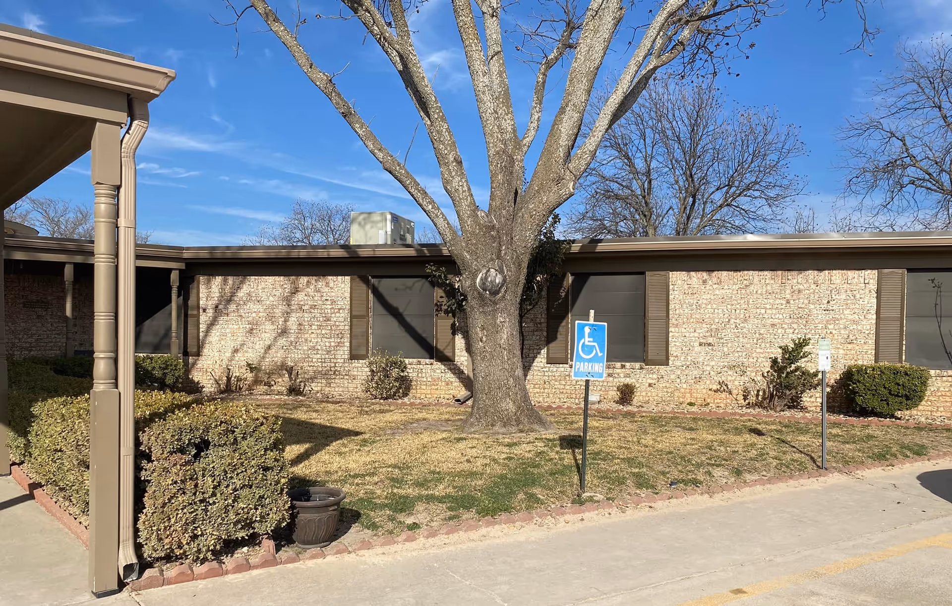 Exterior view of a single-story brick building with brown shutters and a large leafless tree in front. There are bushes and a small garden area along the building, a covered walkway on the left, and a handicapped parking sign near the tree. The sky is clear and blue.