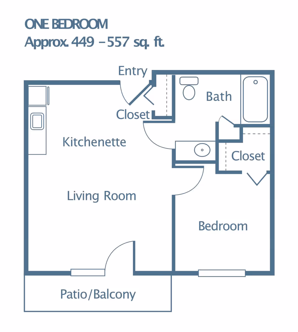 Floor plan of a one-bedroom apartment approximately 449 to 557 square feet, showing an entry, closet, kitchenette, living room, patio/balcony, bathroom with bathtub and toilet, bedroom with closet.