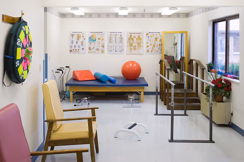 A physical therapy room with exercise equipment including a padded table with an orange exercise ball and foam rollers, parallel bars for walking practice, a small set of stairs with handrails, anatomical posters on the wall, chairs along the left side, a dartboard on the left wall, and a window with potted plants on the right.