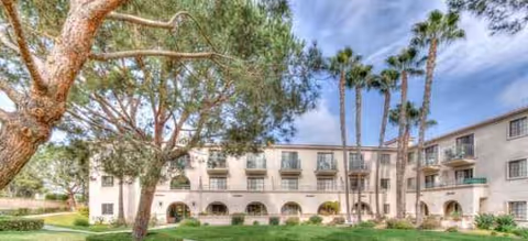 White three-story senior living building with arches, balconies, palm trees, and a landscaped courtyard.
