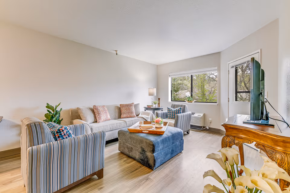 A bright and cozy living room with a beige sofa adorned with patterned cushions, two striped armchairs, a blue ottoman with a wooden tray holding books and a small flower pot, a wooden TV stand with a flat-screen TV, a side table with a lamp, and a large window showing green trees outside. The room has light-colored wooden flooring and neutral walls.
