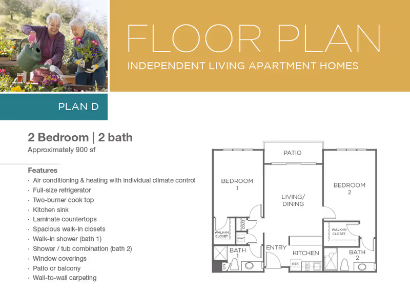 Floor plan for Drake Terrace independent living apartment homes, Plan D, featuring 2 bedrooms and 2 bathrooms with approximately 900 square feet. Includes a layout diagram and a list of features such as air conditioning, full-size refrigerator, two-burner cooktop, kitchen sink, laminate countertops, spacious walk-in closets, walk-in shower, shower/tub combination, window coverings, patio or balcony, and wall-to-wall carpeting. The image also shows two elderly women gardening and watering plants.