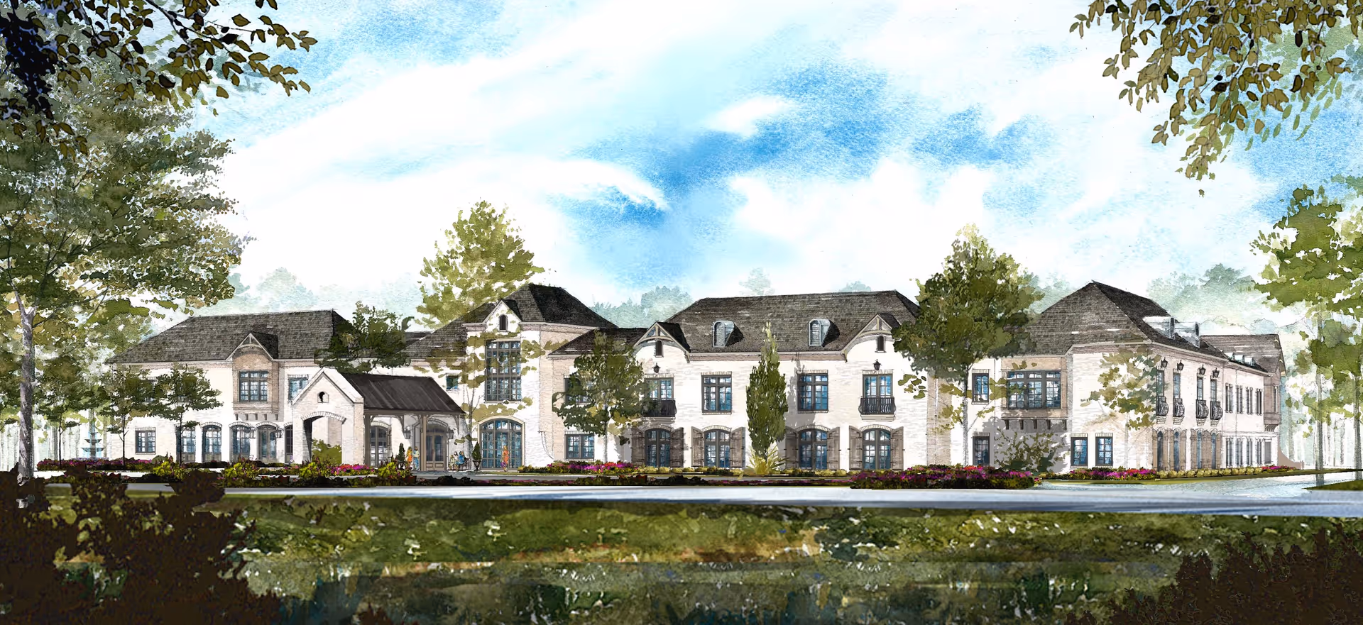 A watercolor-style illustration of a large, elegant senior living facility building surrounded by trees and landscaping under a partly cloudy sky.