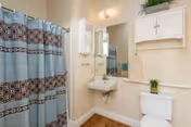 Small bathroom with a wall-mounted sink and mirror, toilet, and a patterned shower curtain.