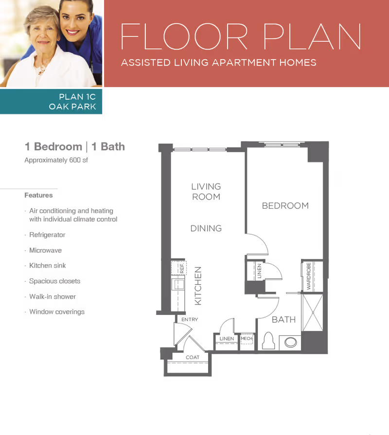 Floor plan for Magnolia Glen assisted living apartment homes, Plan 1C Oak Park, showing a 1 bedroom, 1 bath layout of approximately 600 square feet with features including air conditioning and heating with individual climate control, refrigerator, microwave, kitchen sink, spacious closets, walk-in shower, and window coverings. The top left corner shows a smiling elderly woman with a caregiver.