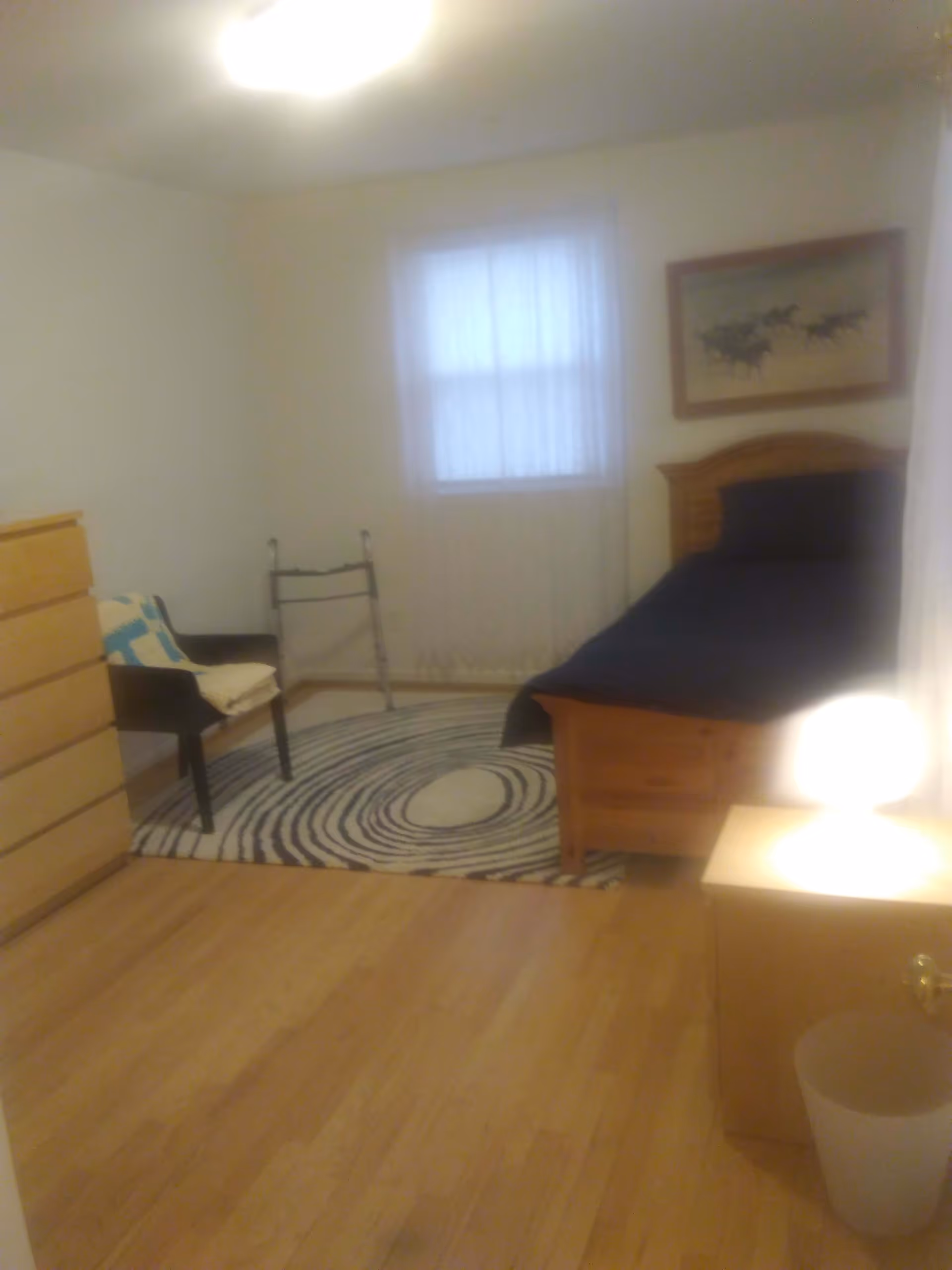 A simple bedroom with wooden flooring, a wooden bed with dark bedding, a wooden dresser, a chair with a cushion, a walker, a circular patterned rug, a window with sheer curtains, a framed picture on the wall, a nightstand with a lamp, and a wastebasket.