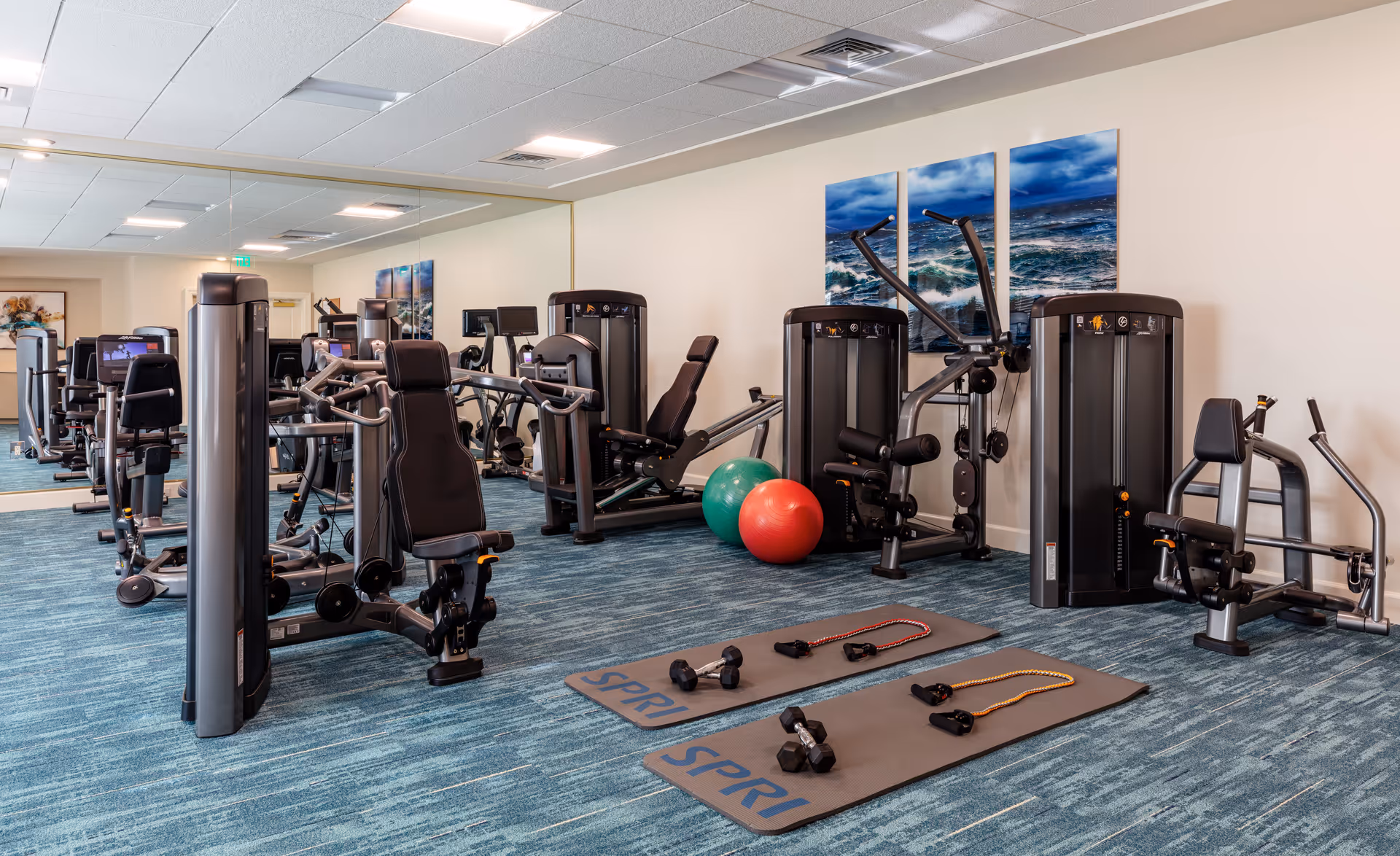 A fitness room with various exercise machines, two exercise mats with dumbbells and resistance bands, and two large exercise balls. The room has blue carpet flooring, a large mirror on one wall, and a three-panel ocean wave artwork on the opposite wall.