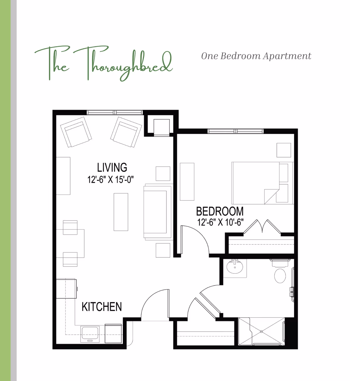 Floor plan of The Thoroughbred one bedroom apartment at Bridgepointe at Ashgrove Woods, showing a living room, kitchen, bedroom, and bathroom layout with dimensions.