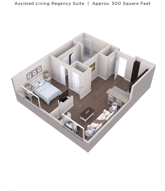 3D floor plan rendering of a one-bedroom assisted living suite showing a bedroom, bathroom, living area and kitchenette.