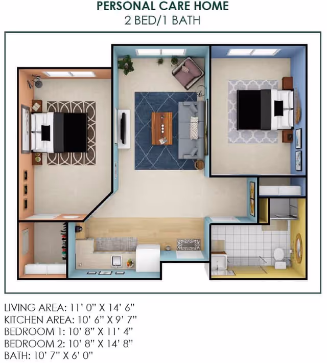 Floor plan of a personal care home with 2 bedrooms and 1 bathroom. The layout includes a living area with a sofa, armchair, coffee table, and TV, two bedrooms each with a bed and nightstands, a kitchen area with appliances and counter space, and a bathroom with a toilet, sink, and shower. Dimensions for each area are provided below the floor plan.