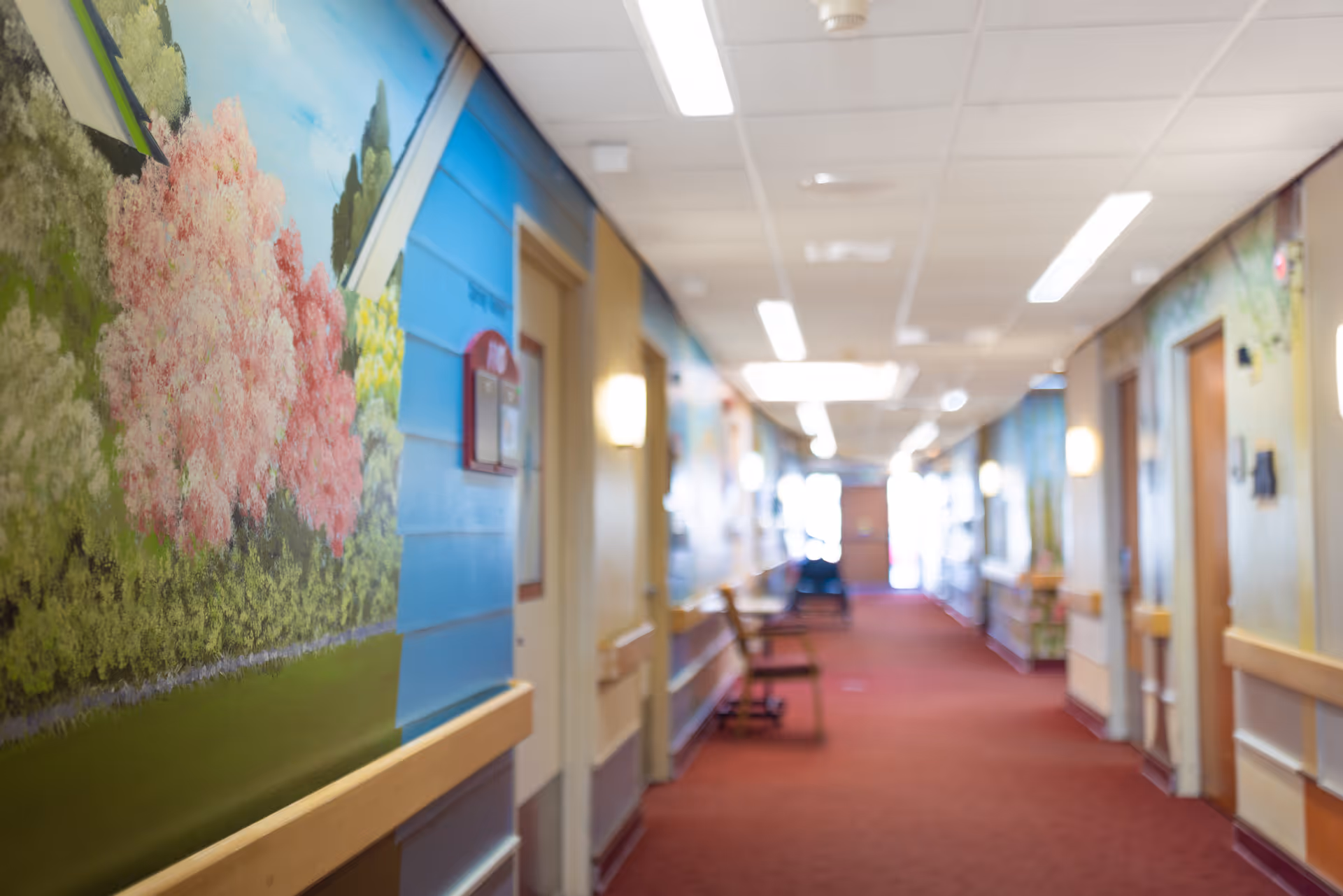 A brightly lit hallway in a senior living facility with red carpet flooring, beige walls, and colorful murals depicting outdoor scenes. Several doors line the hallway, and chairs are placed along the walls. The ceiling has recessed lighting fixtures.