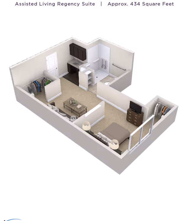 3D floor plan of an assisted living regency suite approximately 434 square feet, showing a combined living and bedroom area with a sofa, coffee table, TV on a dresser, two closets, a kitchenette with cabinets and a sink, and a bathroom with a shower and grab bars.