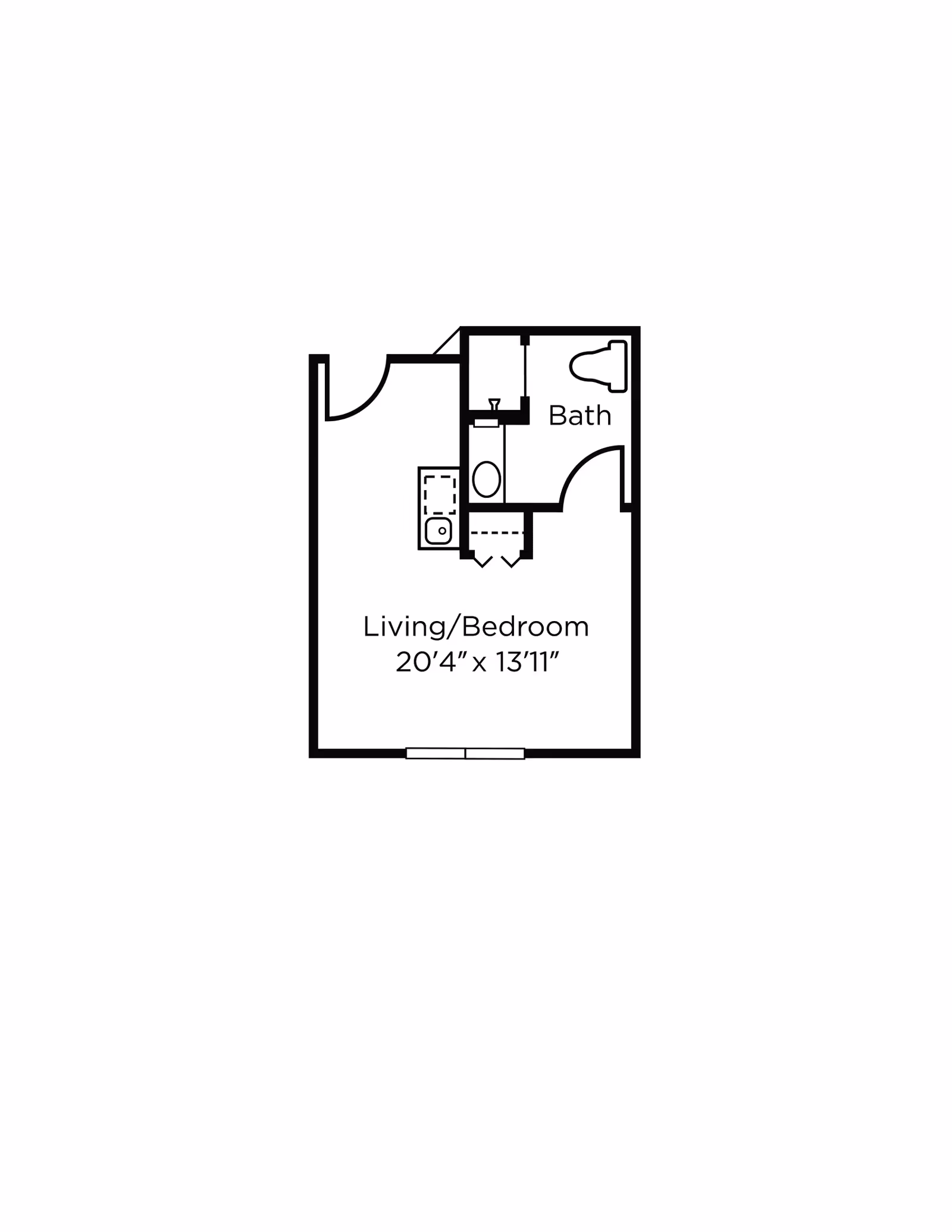 Floor plan layout of a studio apartment with a combined living and bedroom area measuring 20 feet 4 inches by 13 feet 11 inches, a small kitchen area, and a separate bathroom.