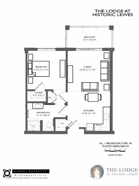 Architectural floor plan of a one-bedroom apartment at The Lodge at Historic Lewes, showing a bedroom, closet, bathroom, living room, kitchen, and balcony with dimensions.