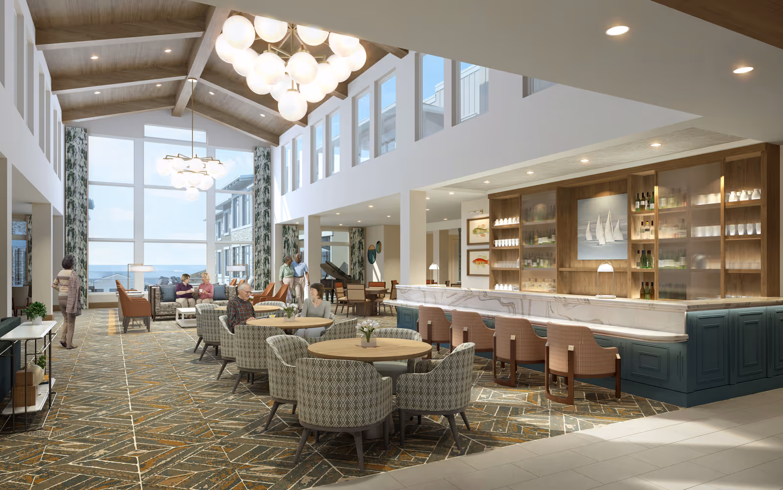 Bright open two-story community lounge with high ceilings, large windows, multiple seating areas and a marble-topped bar.