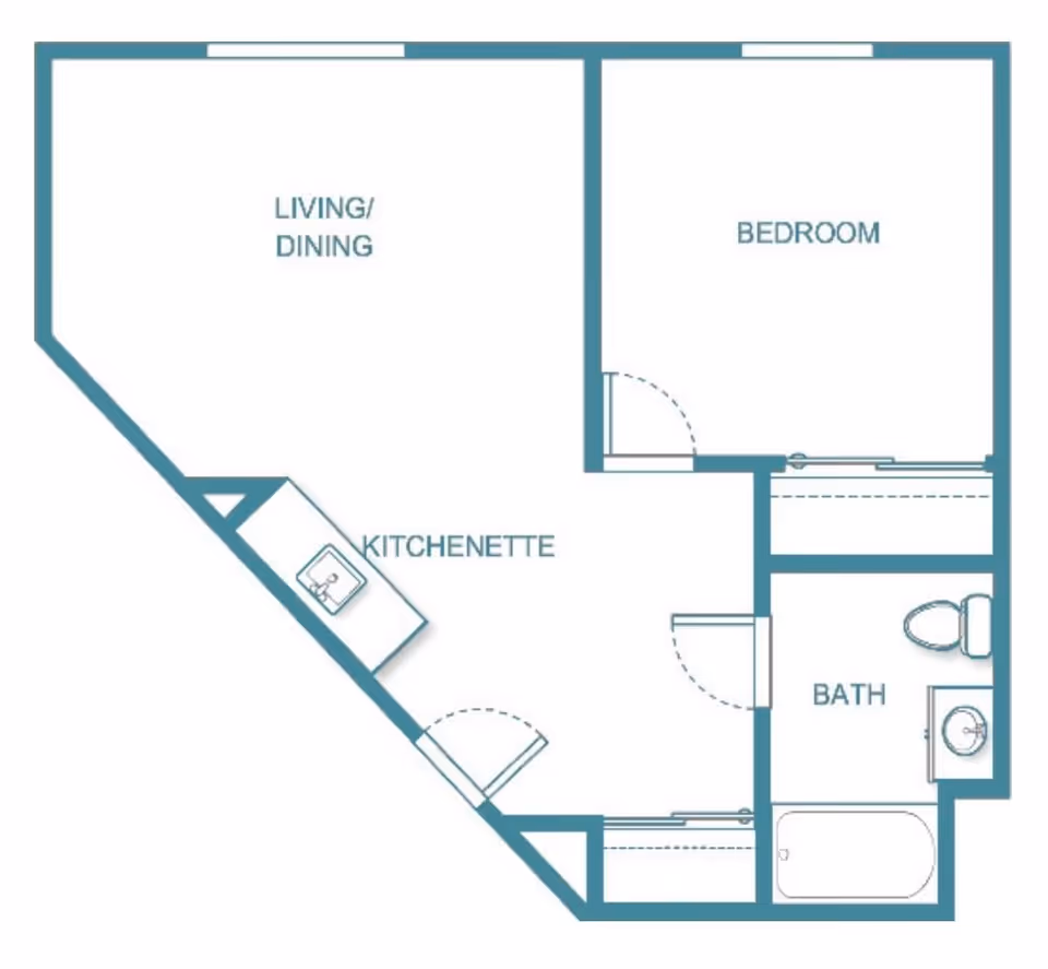 Floor plan layout showing a living/dining area, kitchenette, bedroom, and bathroom with a bathtub, toilet, and sink.