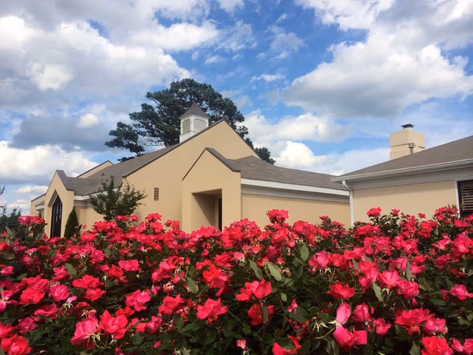A beige building with a peaked roof and a small cupola, partially obscured by a large bush of vibrant pink flowers in the foreground, under a partly cloudy blue sky.