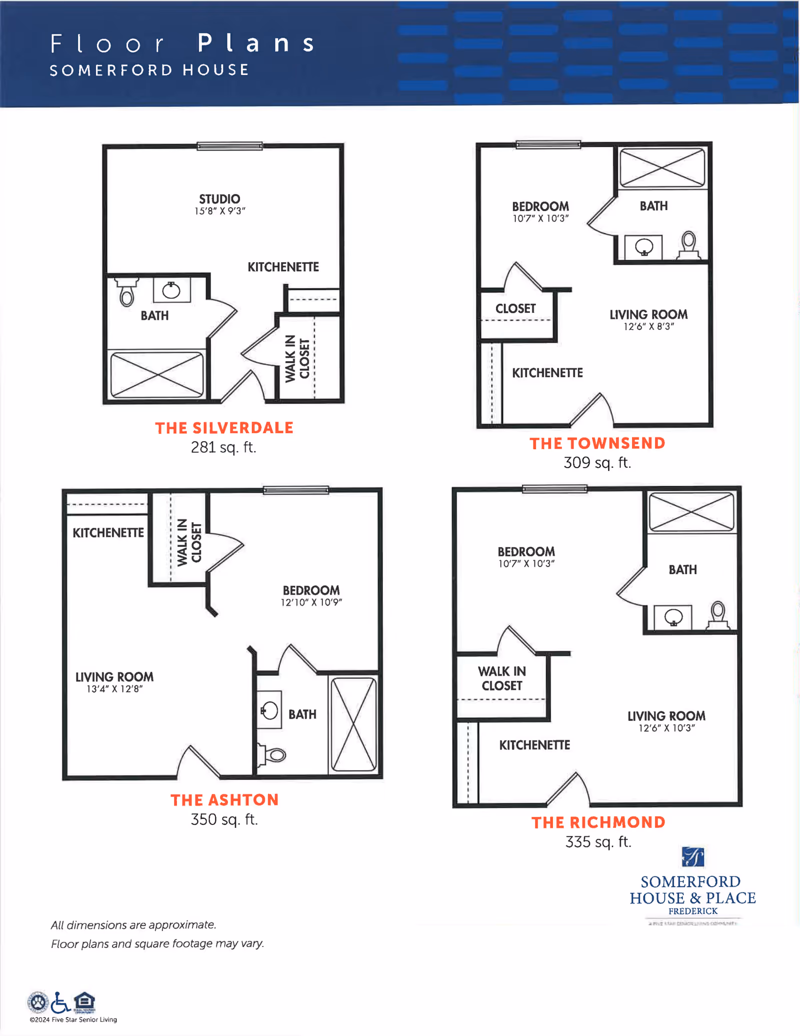 Floor plans for Somerford House Frederick showing four apartment layouts: The Silverdale (281 sq. ft.) with studio, kitchenette, bath, and walk-in closet; The Townsend (309 sq. ft.) with bedroom, bath, living room, kitchenette, and closet; The Ashton (350 sq. ft.) with bedroom, bath, living room, kitchenette, and walk-in closet; and The Richmond (335 sq. ft.) with bedroom, bath, living room, kitchenette, and walk-in closet. Each layout includes approximate room dimensions.