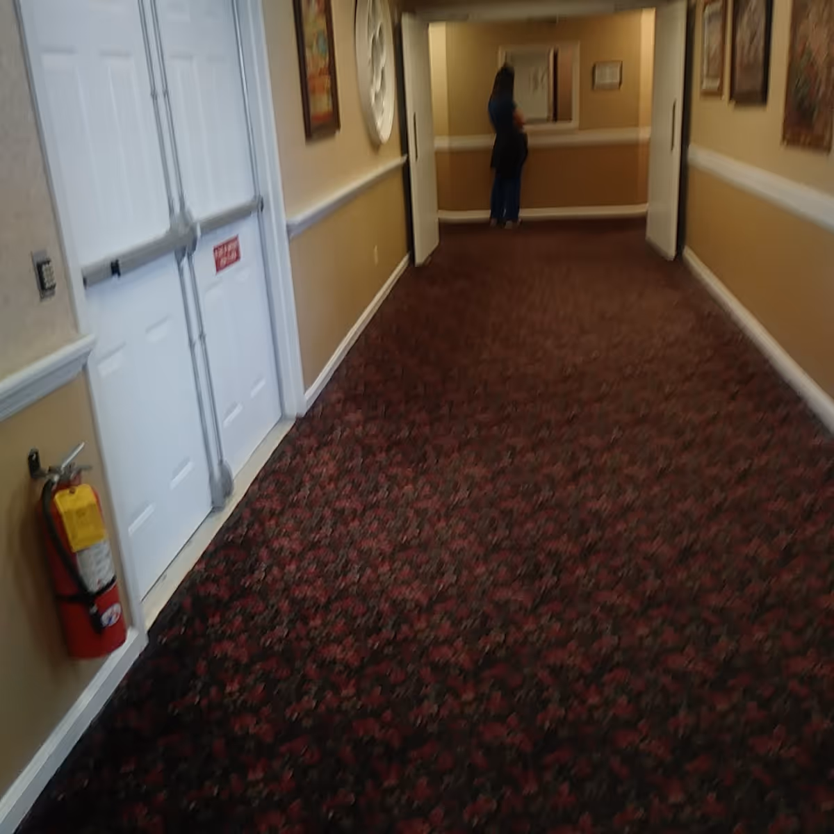 A carpeted hallway with floral patterned carpet and beige walls with white trim. There are framed pictures on the walls and a fire extinguisher mounted on the left side near double white doors. At the end of the hallway, a person is standing and looking at a mirror or window.