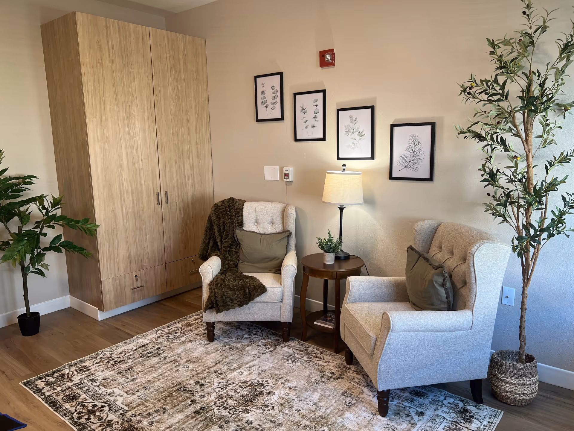 Comfortable seating area with two upholstered armchairs flanking a round side table and lamp, decorative framed botanical prints, plants, and a patterned rug.
