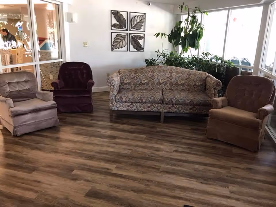 A cozy sitting area with a patterned sofa and three upholstered armchairs arranged on a wood floor. There are green plants behind the sofa near large windows letting in natural light. On the wall above the sofa, there are four framed pictures of leaves. A glass partition separates this area from another room where people are visible.