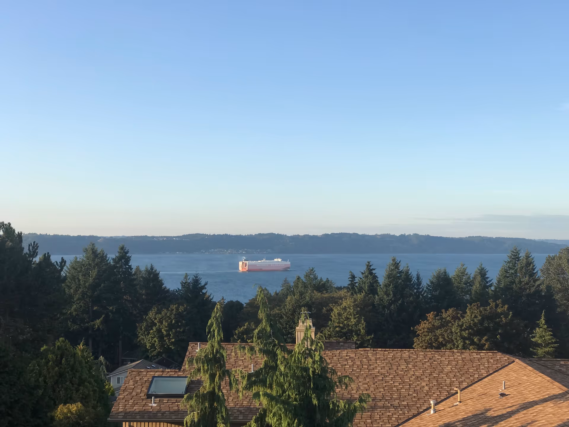 View of a large body of water with a cargo ship sailing on it, seen from a vantage point above rooftops and surrounded by tall trees under a clear blue sky.