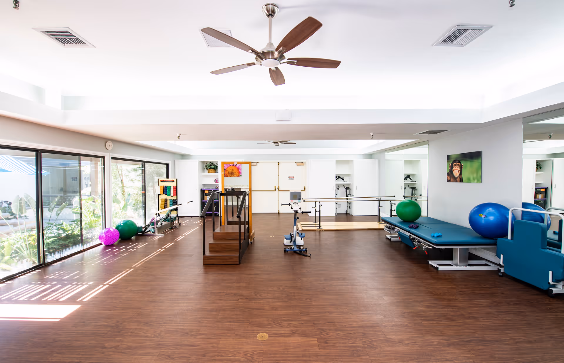 A bright and spacious physical therapy room with wooden flooring, large windows letting in natural light, exercise balls, parallel bars for walking exercises, a small set of stairs with handrails, and a treatment table. The room has ceiling fans and mirrors on the walls.
