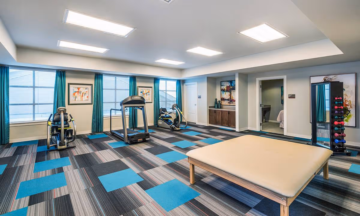 A bright and spacious fitness room with exercise equipment including a treadmill, elliptical machines, and a rack of colorful dumbbells. The room has large windows with teal curtains, modern patterned carpet with blue and gray squares, and a padded exercise platform in the foreground. There are framed abstract paintings on the walls and a wooden cabinet with decorative items.