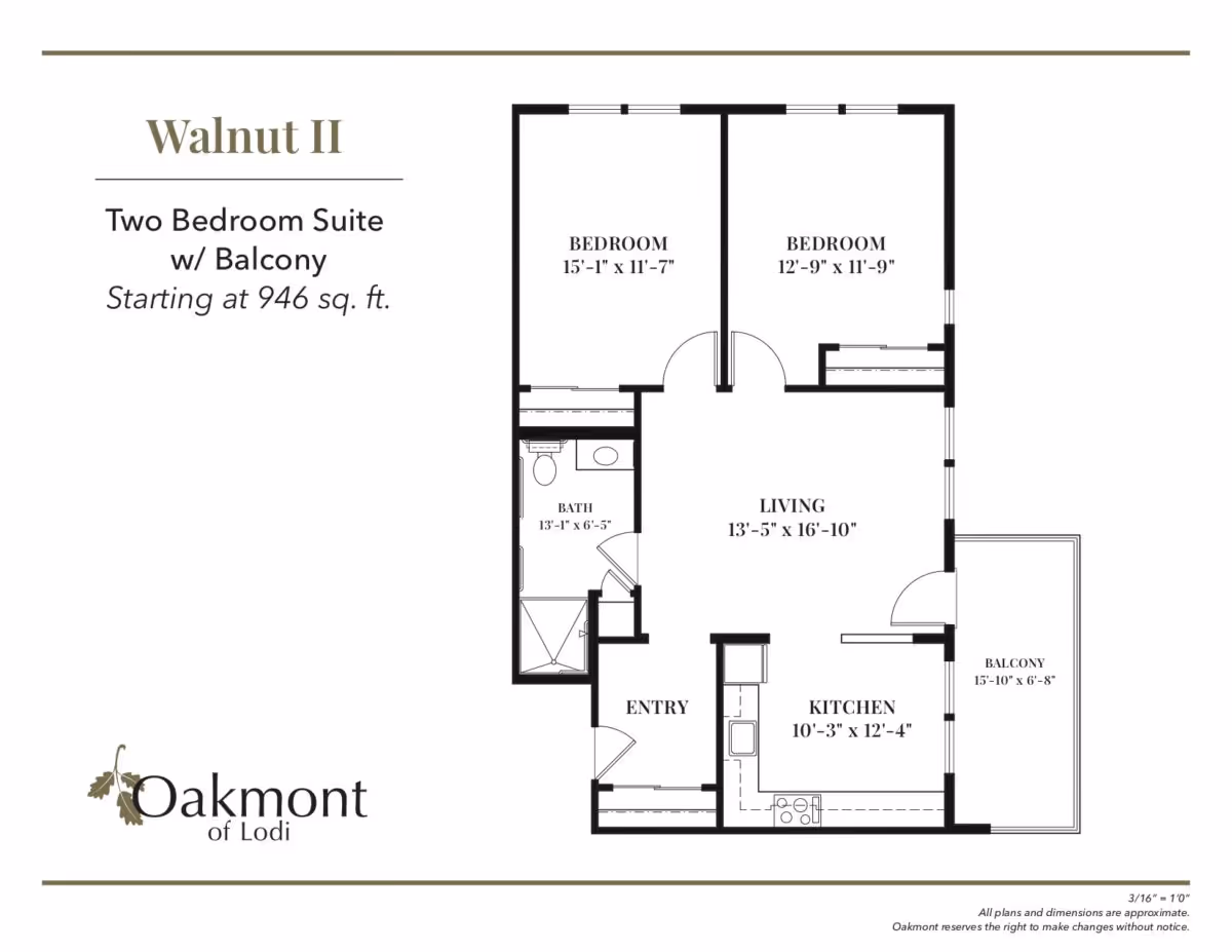 Floor plan of Walnut II, a two-bedroom suite with a balcony at Oakmont of Lodi, starting at 946 square feet. The layout includes two bedrooms, a bathroom, a living room, a kitchen, an entry area, and a balcony.