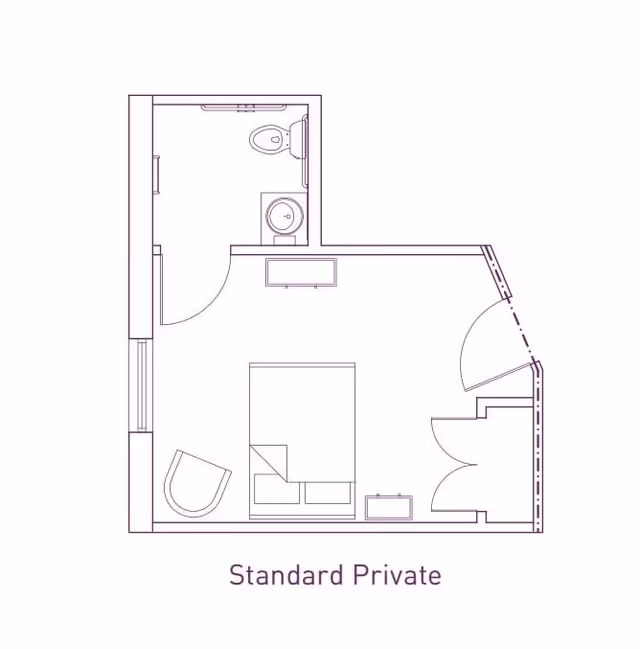 Architectural floor plan labeled 'Standard Private' showing a layout with a bedroom area containing a bed, chair, and nightstand, and an attached bathroom with a toilet and sink.