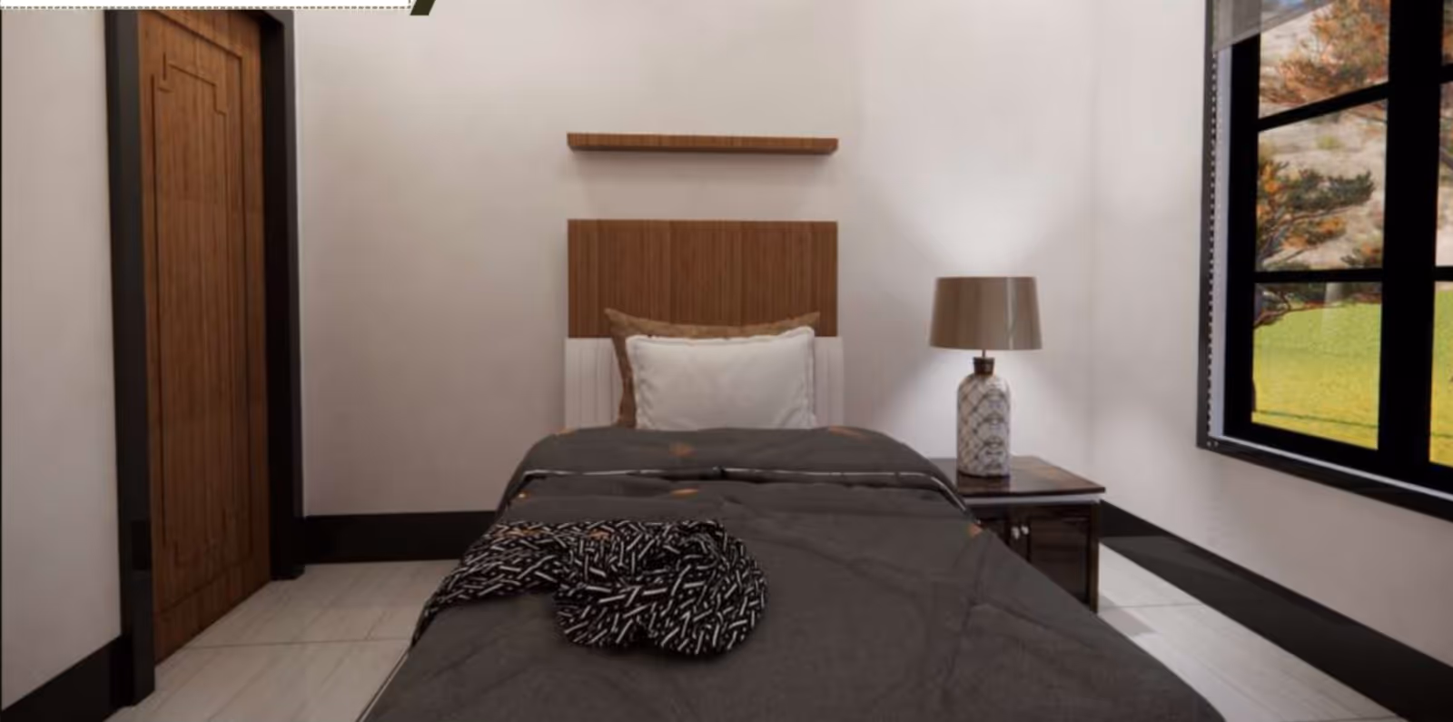 Single bed in a simple bedroom with a wooden headboard, bedside table and lamp, and a window showing greenery outside.