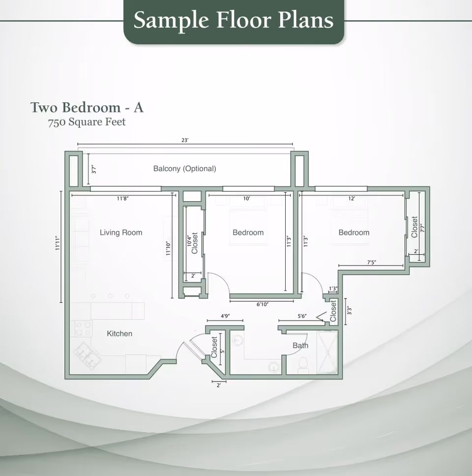 Architectural floor plan of a two-bedroom apartment labeled 'Two Bedroom - A' with 750 square feet. The layout includes a living room, kitchen, two bedrooms, a bathroom, multiple closets, and an optional balcony. Dimensions for each room and closet are marked.
