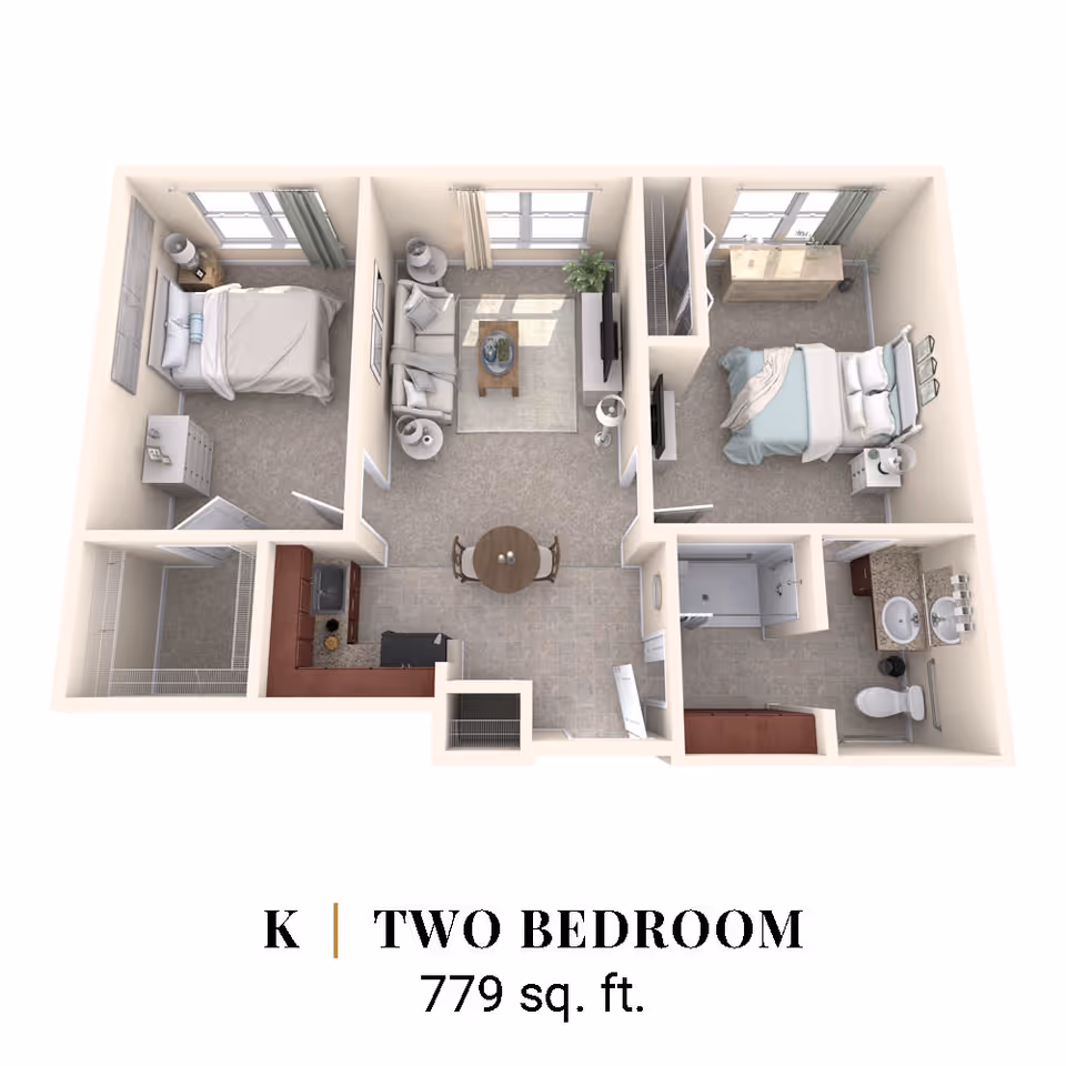 3D floor plan of a two-bedroom apartment with 779 square feet. The layout includes two bedrooms, a living room with sofa and TV, a kitchen with appliances, a dining area with a round table and two chairs, and a bathroom with a shower, double sink, and toilet.