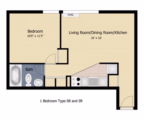 Floor plan of a one-bedroom apartment labeled Type 08 and 09 at Tabco Towers, showing a bedroom measuring 10 feet 9 inches by 11 feet 3 inches, a combined living room, dining room, and kitchen area measuring 16 feet by 16 feet, and a bathroom with a bathtub, toilet, and sink.