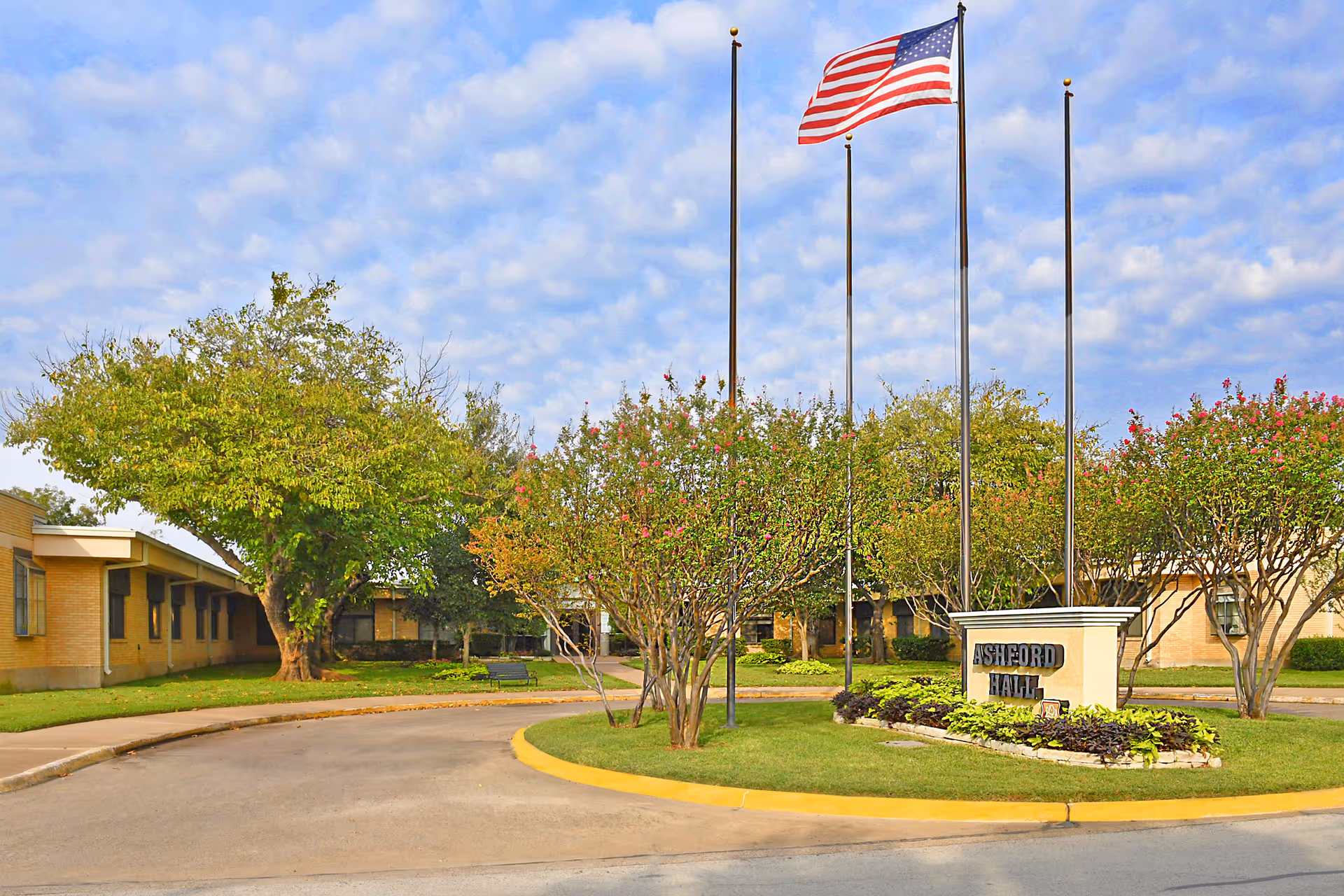 Exterior view of Ashford Hall Nursing and Rehabilitation facility with a circular driveway, landscaped greenery, three flagpoles with an American flag flying, and a sign displaying the facility's name.
