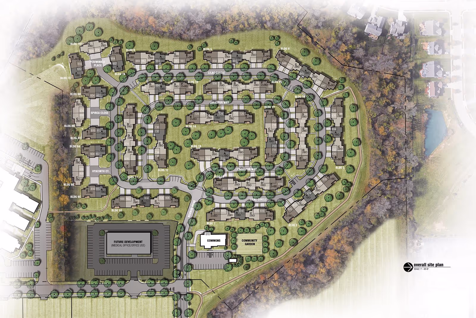 Overall site plan of Redbud Commons showing multiple residential buildings labeled with numbers and unit types, roads such as Lilac Circle and Larkspur Way, a commons building, a community garden, parking areas, and a designated future development area for medical office or office use, surrounded by trees and adjacent to a wooded area with a pond.
