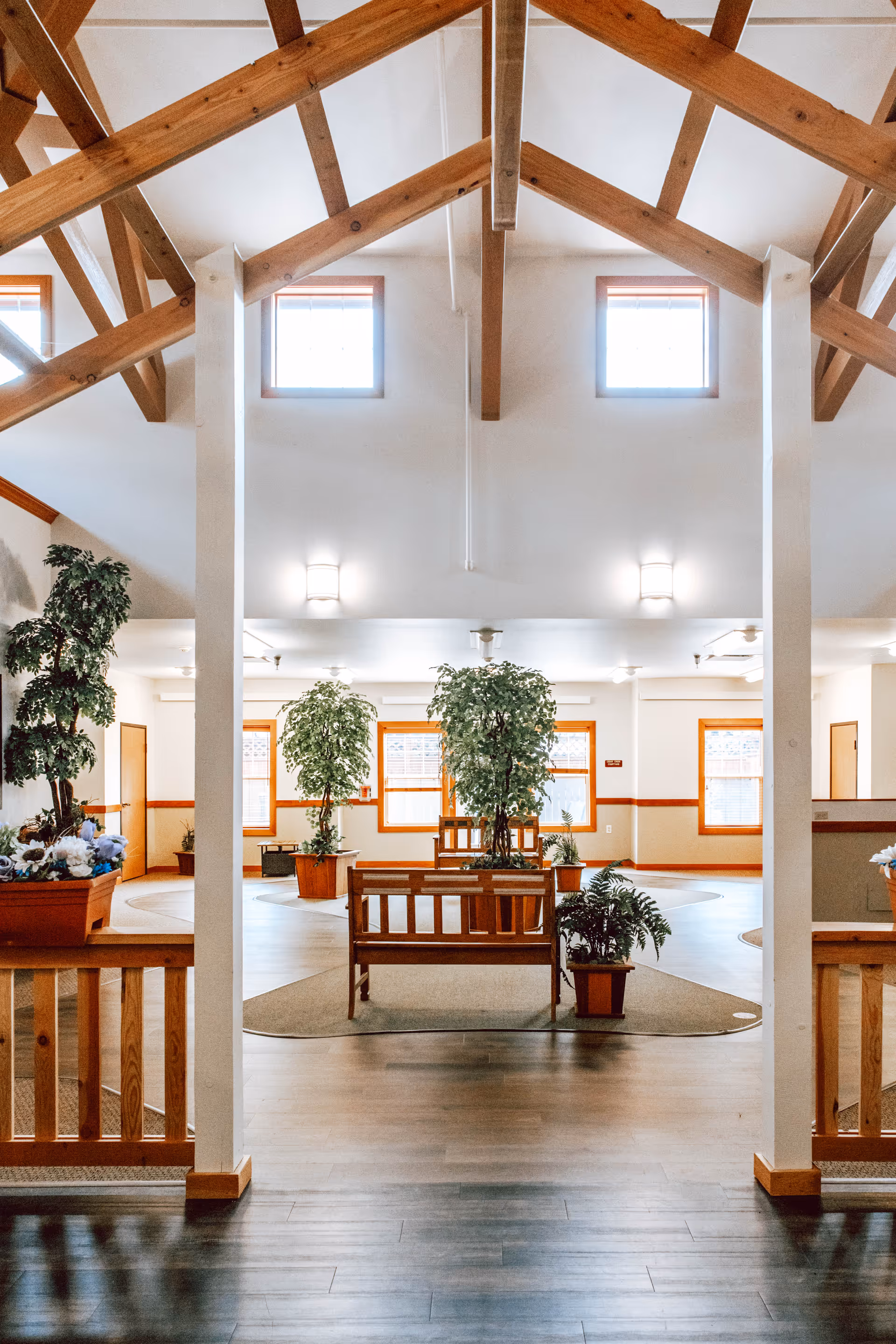 Sunlit communal lobby with vaulted wooden beams, benches and potted plants.