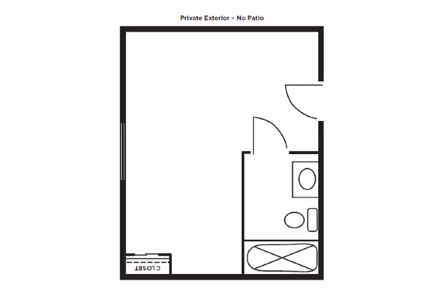 Floor plan of a private exterior unit with no patio, showing a main room, a closet, and a bathroom with a bathtub, toilet, and sink.