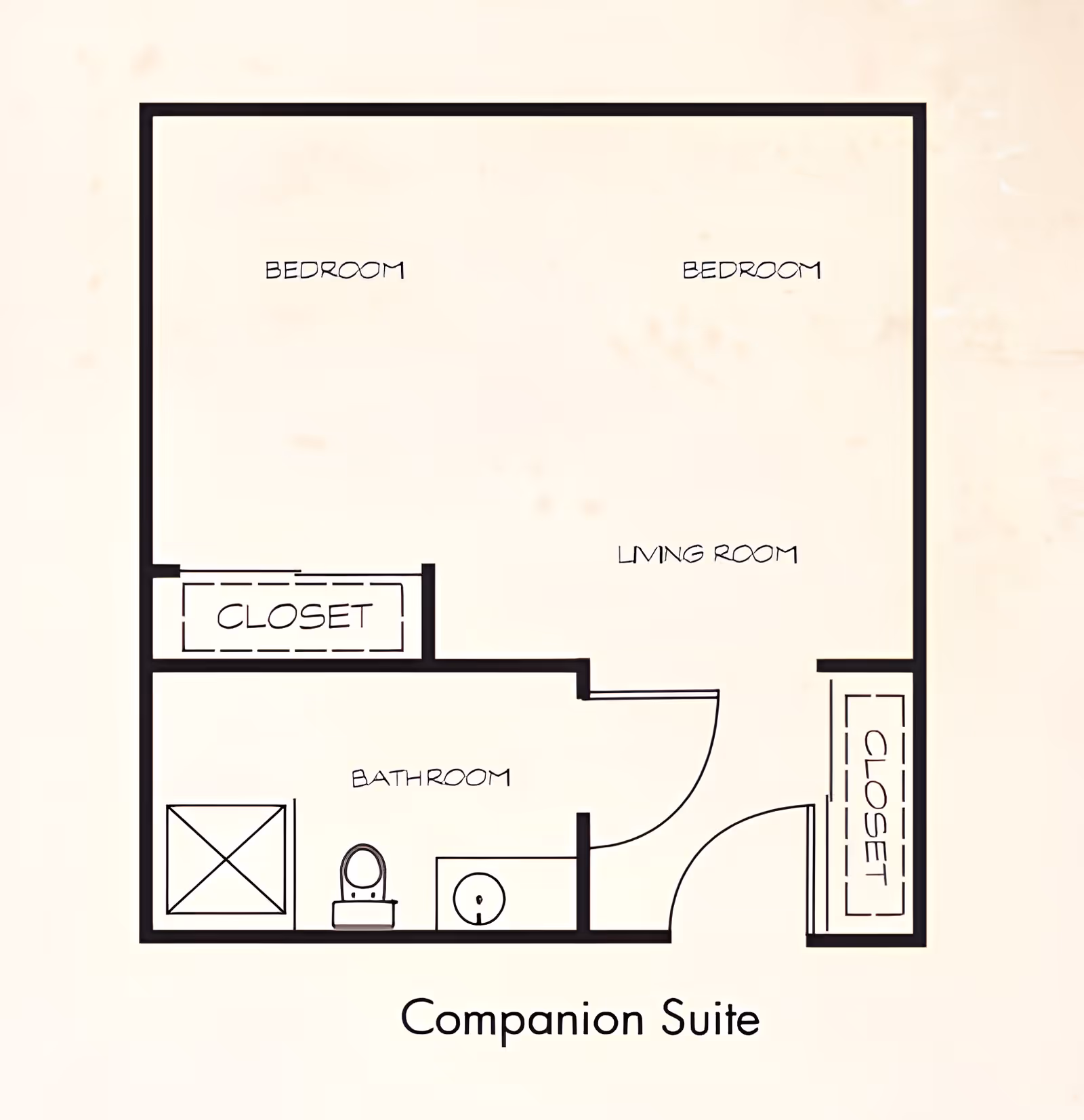 Floor plan layout of a Companion Suite at Colonial Gardens Assisted Living & Memory Care, showing two bedrooms, a living room, a bathroom with a shower, toilet, and sink, and two closets.