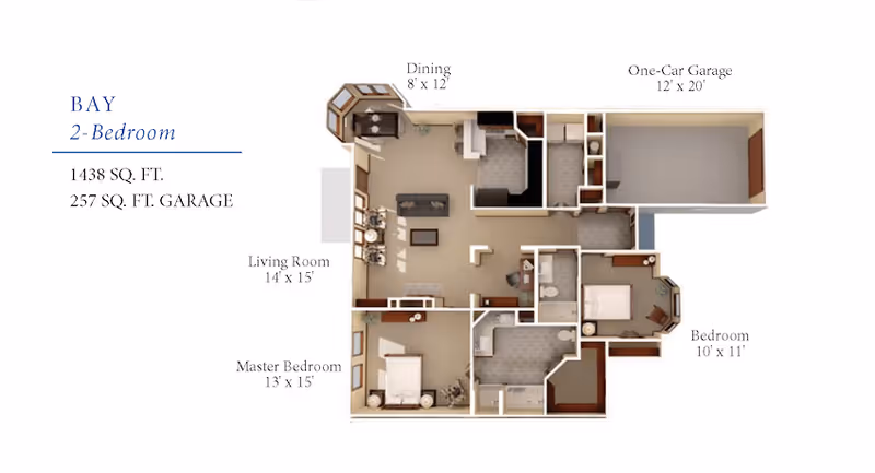 Floor plan of a two-bedroom apartment named Bay, showing a living room, dining area, kitchen, master bedroom, second bedroom, bathrooms, and a one-car garage. Dimensions for each room and total square footage are indicated.