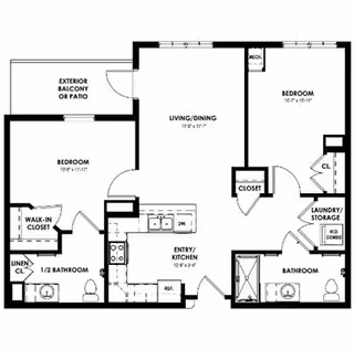 Floor plan of a residential unit at Lockwood of Lyon showing two bedrooms, one full bathroom, one half bathroom, an entry kitchen, living/dining area, laundry/storage room, walk-in closet, linen closet, and an exterior balcony or patio.