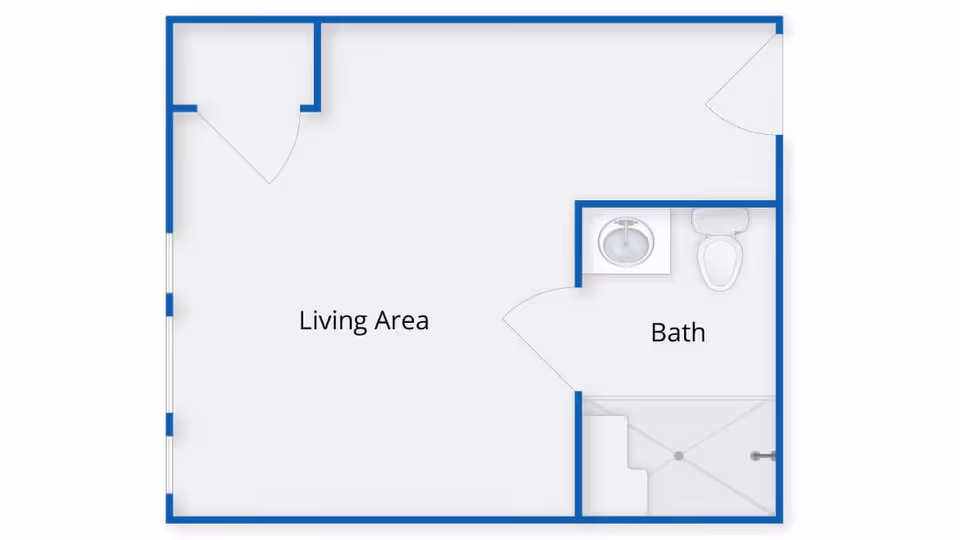 Floor plan layout showing a living area and a bathroom with a sink, toilet, and shower.