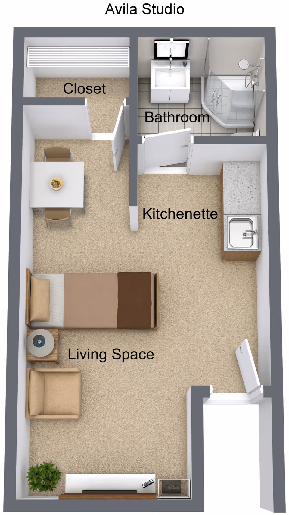 3D floor plan of a studio apartment at Avila Senior Living At Downtown SLO showing a living space with a bed, armchair, side table, and TV stand. There is a kitchenette with a sink and counter, a bathroom with a shower, sink, and toilet, and a closet near a small dining table with two chairs.